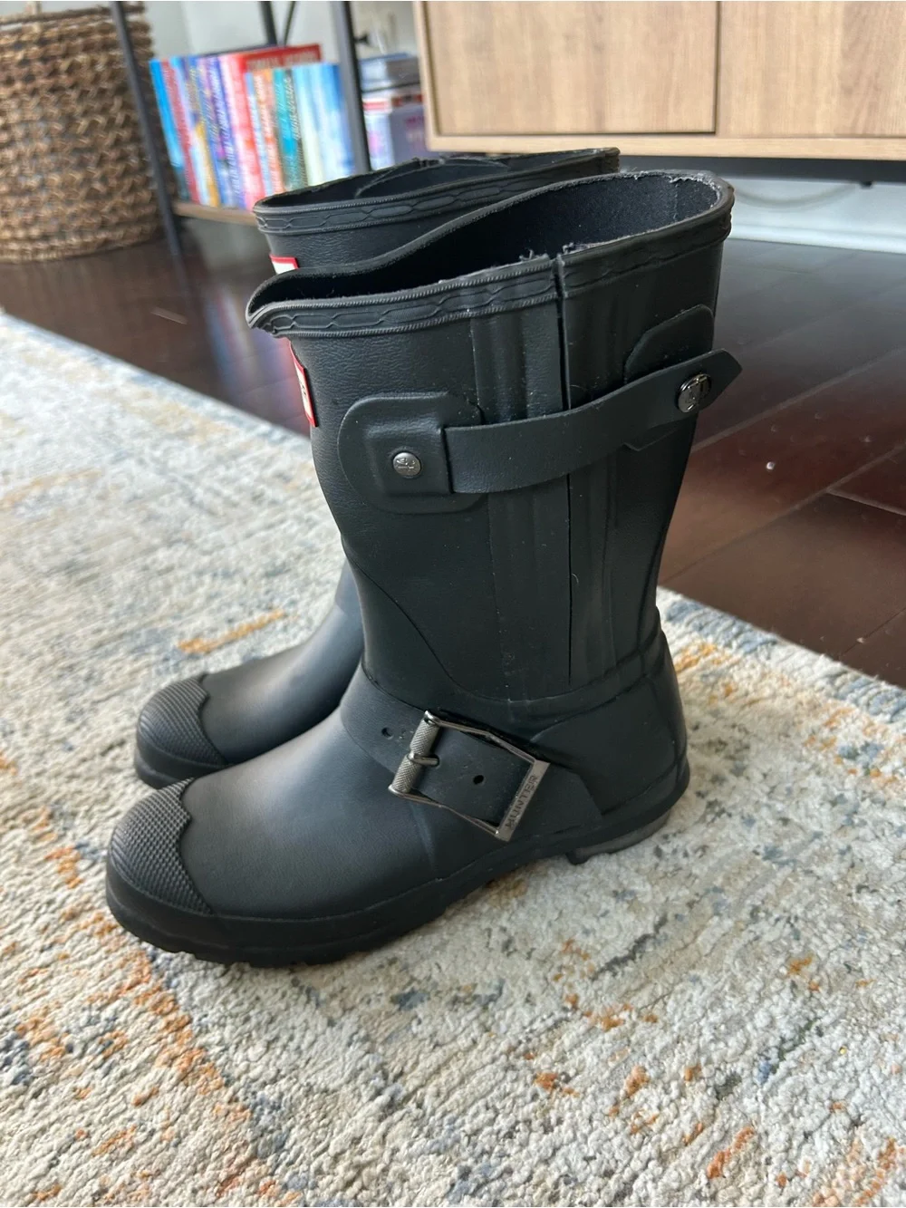 Hunter Black Mid-Calf Rubber Rain Boots with Buckle